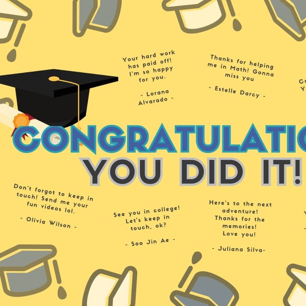 A yellow background with graduation caps, diplomas, and congratulatory messages from friends.